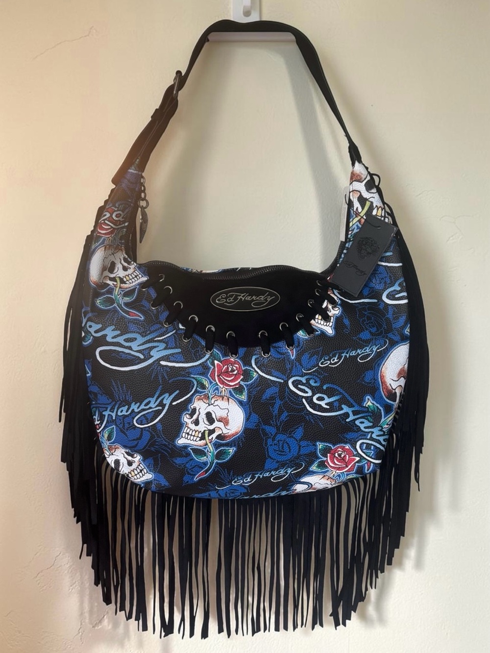 Ed Hardy Black & Blue Skull Rose Fringe Shoulder Bag NWT